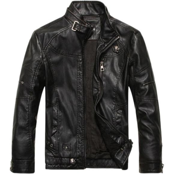 Men's Vintage Stand Collar Pu Leather Jacket Black